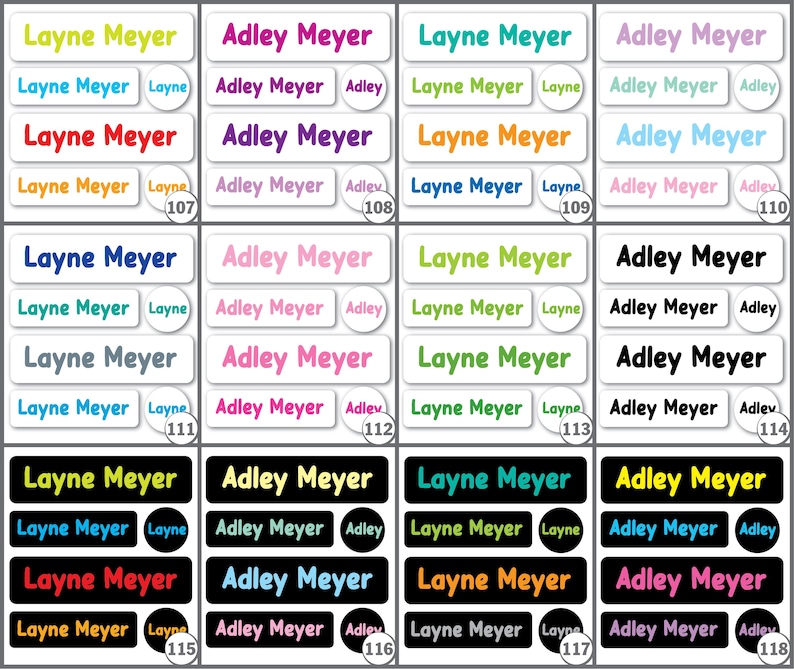 K&ouml;nnte beinhalten: Eine Sammlung personalisierter Namensetiketten mit den Namen "Layne Meyer" und "Adley Meyer" in verschiedenen Farben und Schriftarten. Die Etiketten sind rechteckig und kreisf&ouml;rmig, einige enthalten den Namen und einen kleineren Kreis mit dem Vornamen. Die Etiketten sind f&uuml;r die Organisation bestimmt.