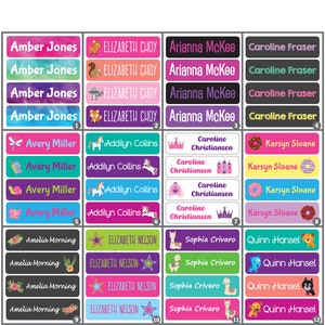 May include: A set of 12 colorful personalized name labels with various illustrations. The labels feature names like Amber Jones, Avery Miller, Addilyn Collins, and Elizabeth Nelson. The illustrations include a fox, a unicorn, a crown, a castle, a llama, and a dog.