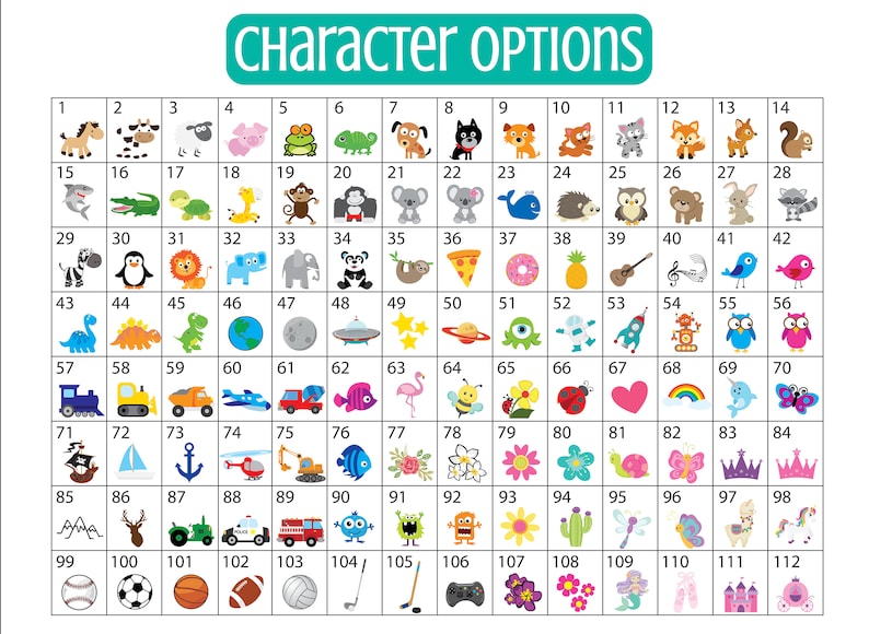 May include: A chart with 112 colorful cartoon images, numbered 1 to 112. The images include animals, food, objects, and characters. The chart is titled "Character Options".