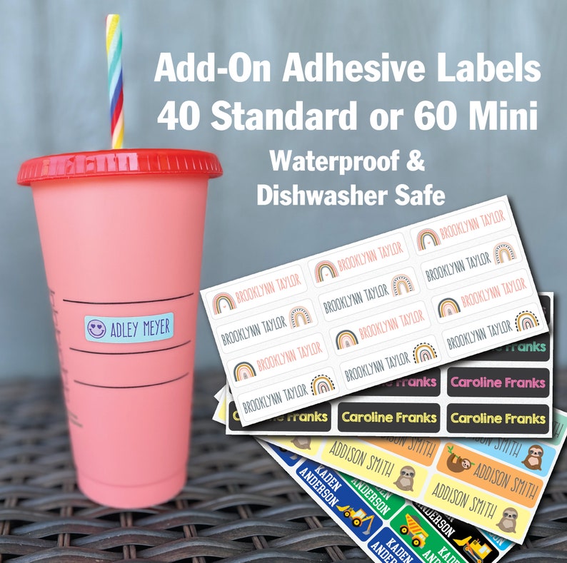 May include: A set of colorful waterproof and dishwasher safe adhesive labels with various names and designs. The labels are shown on a pink tumbler with a straw and a stack of labels with rainbow, sloth, and construction vehicle designs.