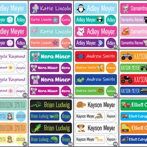 May include: A set of 60 colorful personalized name labels with various animal and object illustrations. The labels are designed for children and feature names like Adley, Katie, Samantha, Angela, Nora, Andrew, Kayson, Addison, Brian, and Elliott.