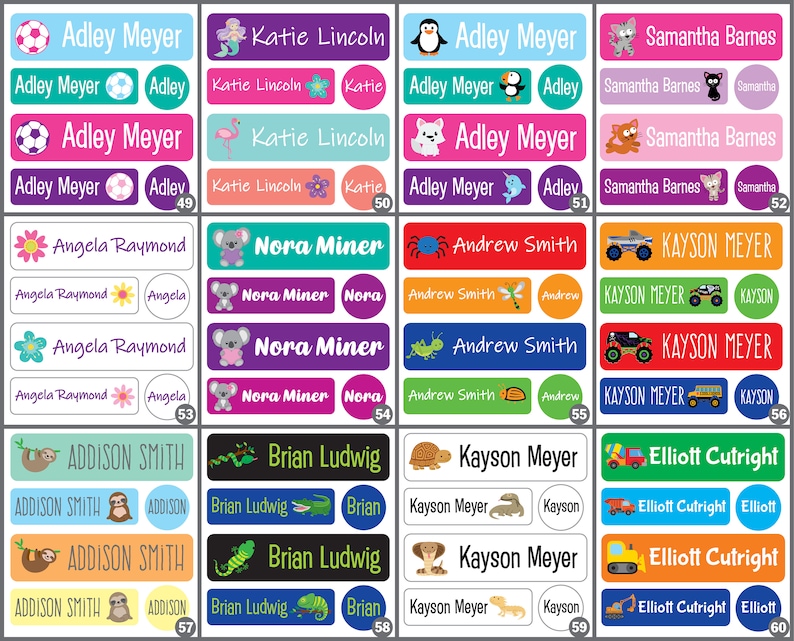 May include: A set of 60 colorful personalized name labels with various animal and object illustrations. The labels are designed for children and feature names like Adley, Katie, Samantha, Angela, Nora, Andrew, Kayson, Addison, Brian, and Elliott.