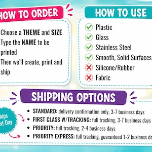 May include: An informational graphic with three sections. The first section, HOW TO ORDER, lists steps to choose a theme, size, and name. The second, HOW TO USE, lists compatible surfaces like plastic, glass, and stainless steel. The third lists shipping options.