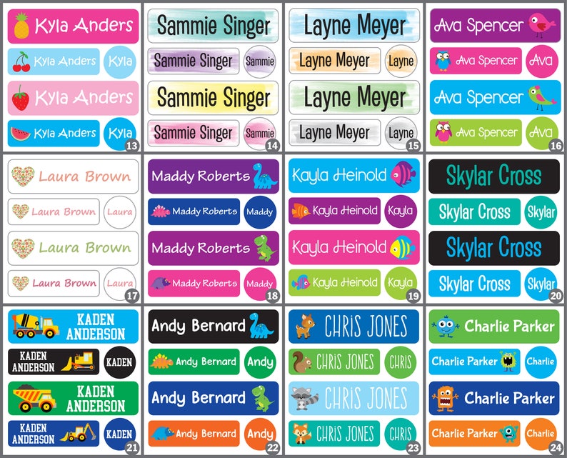 May include: A set of 24 colorful name labels with various designs. The labels feature different animals, including a pineapple, a dinosaur, a fish, a monster, a bird, and a construction vehicle. Each label has a name and a smaller circle with the name repeated. The labels are numbered 13 through 24.