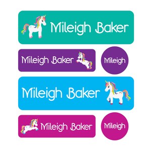 May include: Set of colorful personalized name labels featuring a unicorn design. The labels include the name "Mileigh Baker" and the name "Mileigh" on round labels.