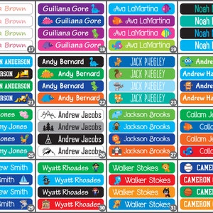 May include: Four rows of colorful, rectangular name labels with various cartoon images. Each label has a name printed in black text, such as "Laura Brown", "Kaden Anderson", "Jeremy Jones", and "Andrew Smith".