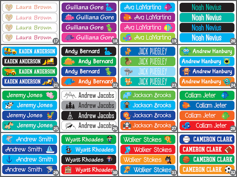 May include: Four rows of colorful, rectangular name labels with various cartoon images. Each label has a name printed in black text, such as "Laura Brown", "Kaden Anderson", "Jeremy Jones", and "Andrew Smith".