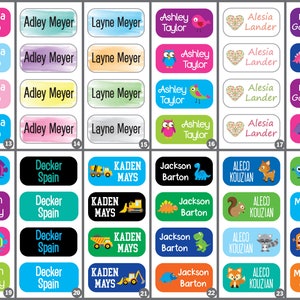 May include: A set of 24 colorful rectangular name labels with various designs and names printed on them. The labels feature a variety of themes, including animals, fruits, and vehicles. The names on the labels include Camila Soto, Adley Meyer, Layne Meyer, Ashley Taylor, Alesia Lander, Maria Gonzales, Faith Wray, Decker Spain, Kaden Mays, Jackson Barton, Aleco Kouzian, and Maddox Shay.