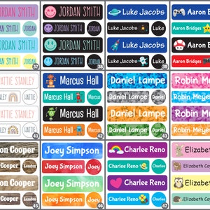May include: A set of 48 colorful personalized name labels with various designs. The labels feature a variety of themes, including rainbows, robots, space, and animals. Each label includes a name and a smaller circle with the name or a design element. The labels are ideal for school supplies, lunchboxes, and other personal items.