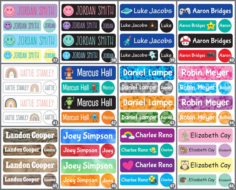 May include: A set of 48 colorful personalized name labels with various designs. The labels feature a variety of themes, including rainbows, robots, space, and animals. Each label includes a name and a smaller circle with the name or a design element. The labels are ideal for school supplies, lunchboxes, and other personal items.