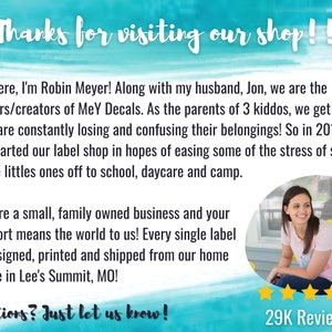 May include: A woman sits on a yellow chair in front of a blue and white background. The text "Thanks for visiting our shop!!" is at the top of the image. The text "Questions? Just let us know!" is at the bottom of the image. The text "29K Reviews!" is in the bottom right corner of the image.