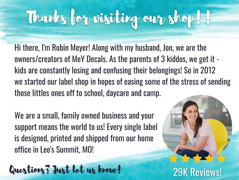 May include: A woman sits on a yellow chair in front of a blue and white background. The text "Thanks for visiting our shop!!" is at the top of the image. The text "Questions? Just let us know!" is at the bottom of the image. The text "29K Reviews!" is in the bottom right corner of the image.