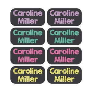 May include: Eight black and white rectangular labels with the text "Caroline Miller" in different colored fonts. The colors are pink, teal, yellow, and purple.