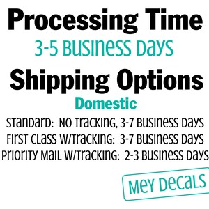 May include: A graphic with the text "Processing Time 3-5 Business Days Shipping Options Domestic" and a list of shipping options with estimated delivery times. The text "MEY DECALS" is in a teal box.