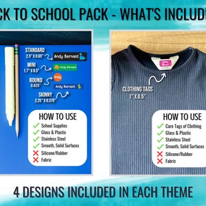 May include: A set of four iron-on labels in different sizes and shapes, including standard, mini, round, and skinny. The labels are designed for school supplies, clothing, and other items. The labels are white with black text and a cartoon image of a duck. The text on the labels includes "Andy Bernard" and the size and shape of each label. The image also includes a blue shirt with a white iron-on label that says "Andy Meyer". The text "4 DESIGNS INCLUDED IN EACH THEME" is at the bottom of the image.