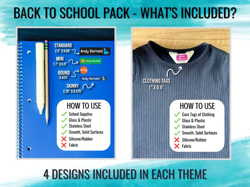 May include: A set of four iron-on labels in different sizes and shapes, including standard, mini, round, and skinny. The labels are designed for school supplies, clothing, and other items. The labels are white with black text and a cartoon image of a duck. The text on the labels includes "Andy Bernard" and the size and shape of each label. The image also includes a blue shirt with a white iron-on label that says "Andy Meyer". The text "4 DESIGNS INCLUDED IN EACH THEME" is at the bottom of the image.