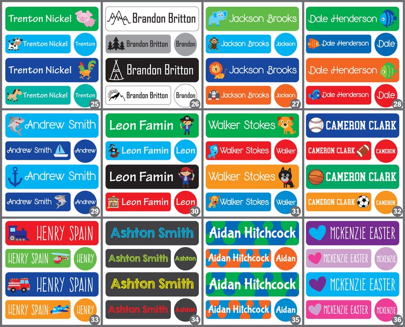 May include: A set of 36 colorful personalized name labels with various designs. Each label features a different name and a unique illustration, such as a pig, a rooster, a shark, a train, a heart, and a basketball. The labels are perfect for labeling school supplies, lunchboxes, and other belongings.