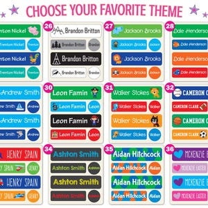 May include: A collection of rectangular adhesive name labels organized into twelve numbered sets, each featuring various colors, personalized names, and graphic icons such as animals, sports equipment, vehicles, and shapes with the text CHOOSE YOUR FAVORITE THEME.