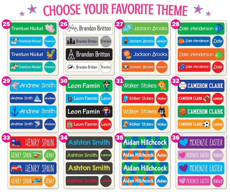 May include: A collection of rectangular adhesive name labels organized into twelve numbered sets, each featuring various colors, personalized names, and graphic icons such as animals, sports equipment, vehicles, and shapes with the text CHOOSE YOUR FAVORITE THEME.