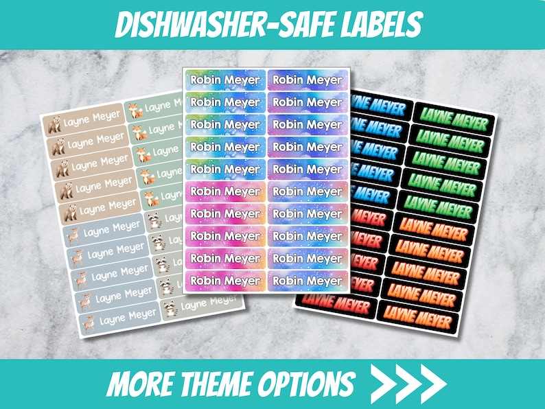 May include: Three sheets of rectangular dishwasher-safe labels. The left sheet features light-colored backgrounds with animal illustrations and the name Layne Meyer. The center sheet has a galaxy-themed background with the name Robin Meyer. The right sheet has black backgrounds with neon-colored text reading Layne Meyer.