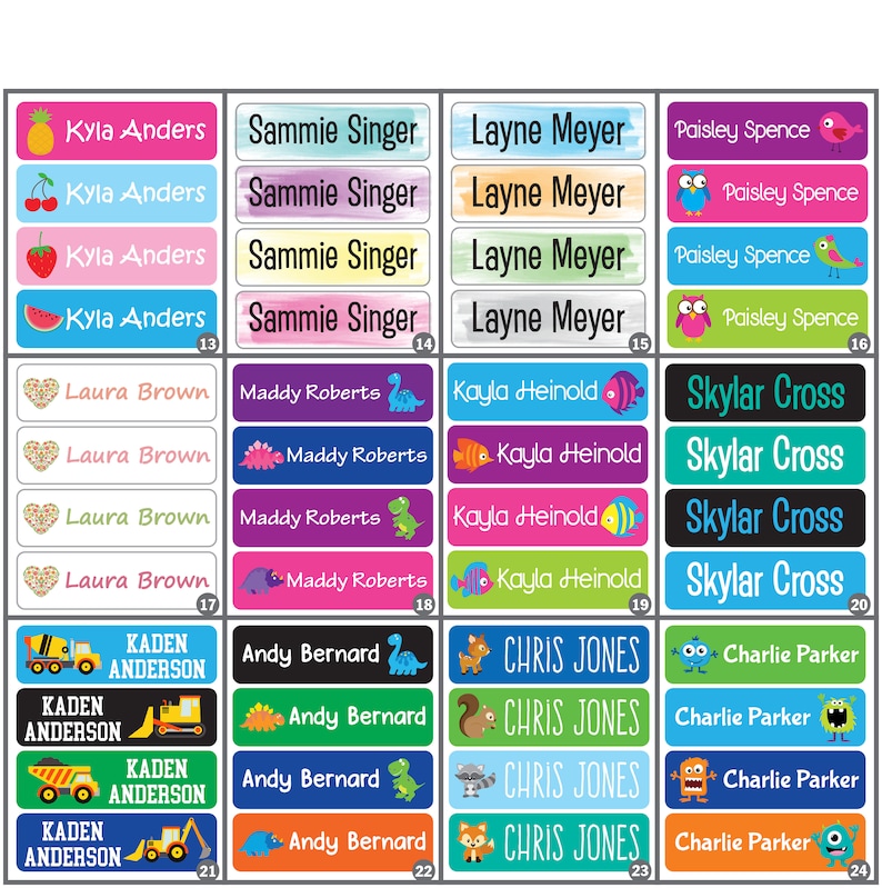 May include: A set of 24 colorful name labels with various designs. The labels feature names like Kyla Anders, Sammie Singer, Layne Meyer, Paisley Spence, Laura Brown, Maddy Roberts, Kayla Heinold, Skylar Cross, Kaden Anderson, Andy Bernard, Chris Jones, and Charlie Parker.
