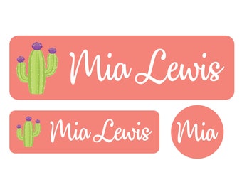 May include: Three pink and white personalized name labels with a cactus graphic. The top label reads "Mia Lewis". The middle label reads "Mia Lewis". The bottom label reads "Mia".