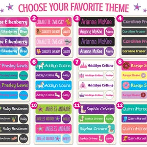 May include: A collection of twelve sets of personalized adhesive labels, each numbered one through twelve, featuring various names, colorful backgrounds, and icons such as animals, stars, crowns, and food items, with the text CHOOSE YOUR FAVORITE THEME.