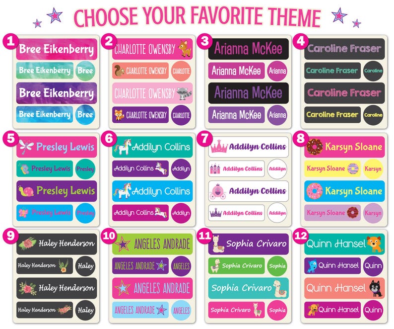 May include: A collection of twelve sets of personalized adhesive labels, each numbered one through twelve, featuring various names, colorful backgrounds, and icons such as animals, stars, crowns, and food items, with the text CHOOSE YOUR FAVORITE THEME.