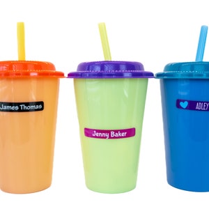 May include: Three colorful plastic cups with straws and personalized labels. The cups are orange, green, and blue. The labels read "James Thomas", "Jenny Baker", and "Adley Meyer".