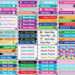 May include: A set of 68 colorful name labels with various animal and object illustrations. The labels are rectangular and have a white background with black text. The names include Charlotte Jones, Katie Lincoln, Adley Meyer, Samantha Barnes, Angela Raymond, Nora Miner, Andrew Smith, KAYSON MEYER, ADDISON SMITH, Brian Ludwig, Kayson Meyer, Austin Creely, Charles Block, Liana Manzi, Jaxon Payne, Emily Thomas, Drew Cross, and Amanda Jones.