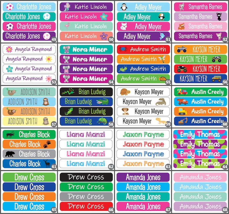 May include: A set of 68 colorful name labels with various animal and object illustrations. The labels are rectangular and have a white background with black text. The names include Charlotte Jones, Katie Lincoln, Adley Meyer, Samantha Barnes, Angela Raymond, Nora Miner, Andrew Smith, KAYSON MEYER, ADDISON SMITH, Brian Ludwig, Kayson Meyer, Austin Creely, Charles Block, Liana Manzi, Jaxon Payne, Emily Thomas, Drew Cross, and Amanda Jones.