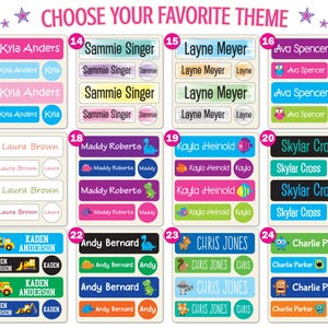 May include: A collection of rectangular adhesive name labels organized into twelve numbered groups, each featuring various colorful designs, illustrations of fruits, animals, vehicles, and monsters, and personalized names in diverse fonts.
