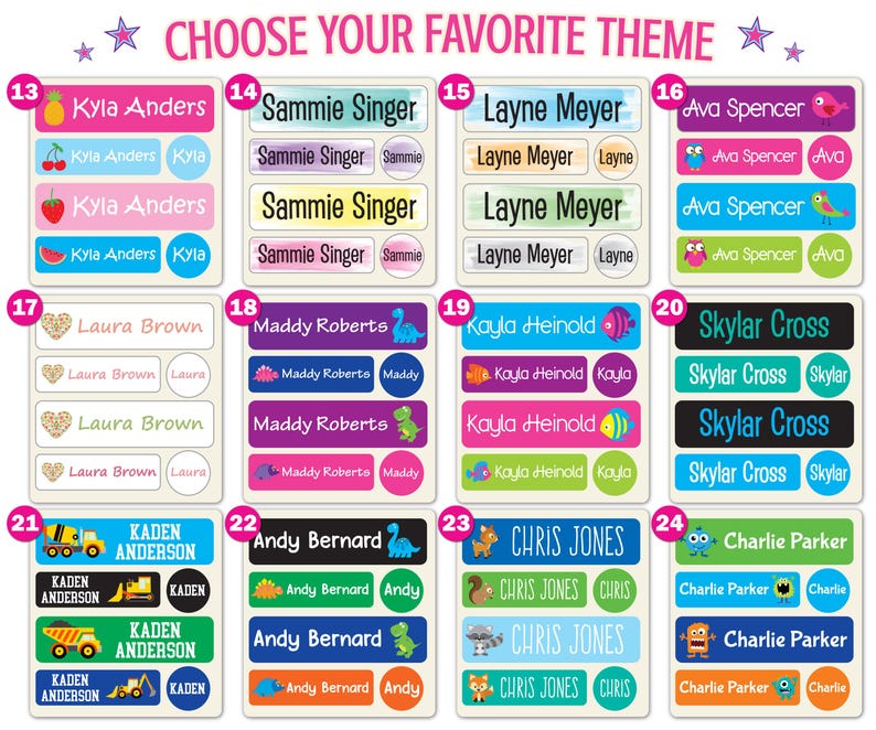 May include: A collection of rectangular adhesive name labels organized into twelve numbered groups, each featuring various colorful designs, illustrations of fruits, animals, vehicles, and monsters, and personalized names in diverse fonts.