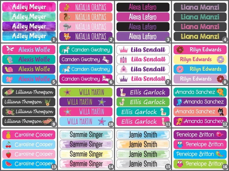 May include: A set of 16 colorful name labels with various designs. Each label has four lines of text with a different design on each line. The designs include animals, stars, crowns, and other fun graphics.