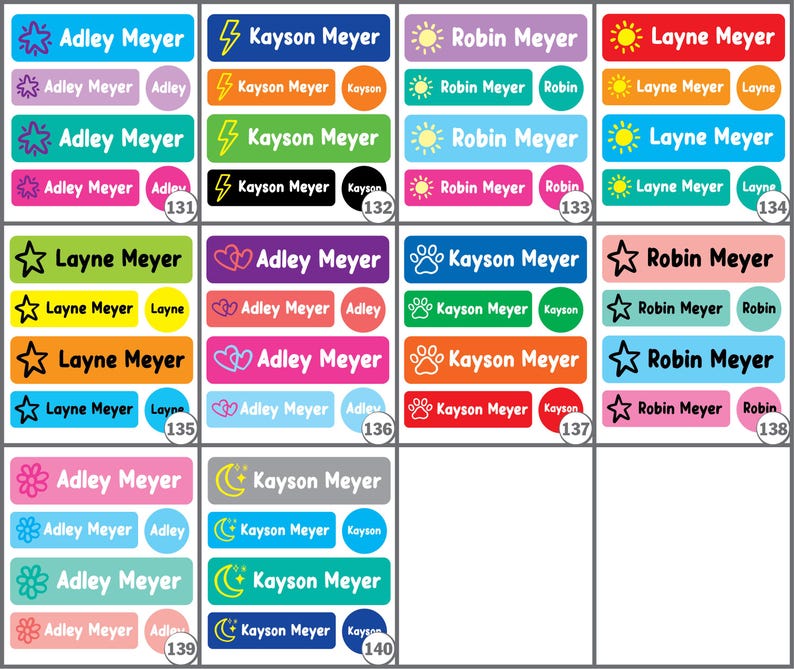 May include: A collection of rectangular and circular adhesive labels in various colors, each featuring a unique icon such as stars, lightning bolts, suns, hearts, paw prints, or moons, and personalized with names like Adley Meyer, Kayson Meyer, Robin Meyer, or Layne Meyer.