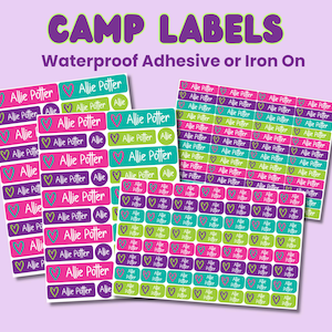 May include: Sheets of camp labels in various colors, including pink, green, and purple. Each label features the name "Allie Potter" and a heart design. The text "CAMP LABELS" and "Waterproof Adhesive or Iron On" are at the top.