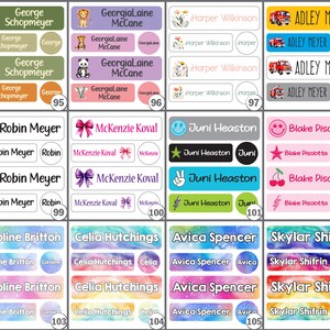 May include: A collection of rectangular and circular adhesive name labels featuring various designs including animals, vehicles, bows, symbols, and watercolor patterns. Each label displays a personalized name in black or white text.