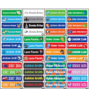 May include: A set of 36 colorful personalized name labels with various illustrations. The labels feature names like Trenton Nickel, Brandon Britton, Jackson Brooks, Dale Henderson, Andrew Smith, Leon Famin, Walker Stokes, Cameron Clark, Henry Spain, Ashton Smith, Aidan Hitchcock, and Mckenzie Easter.