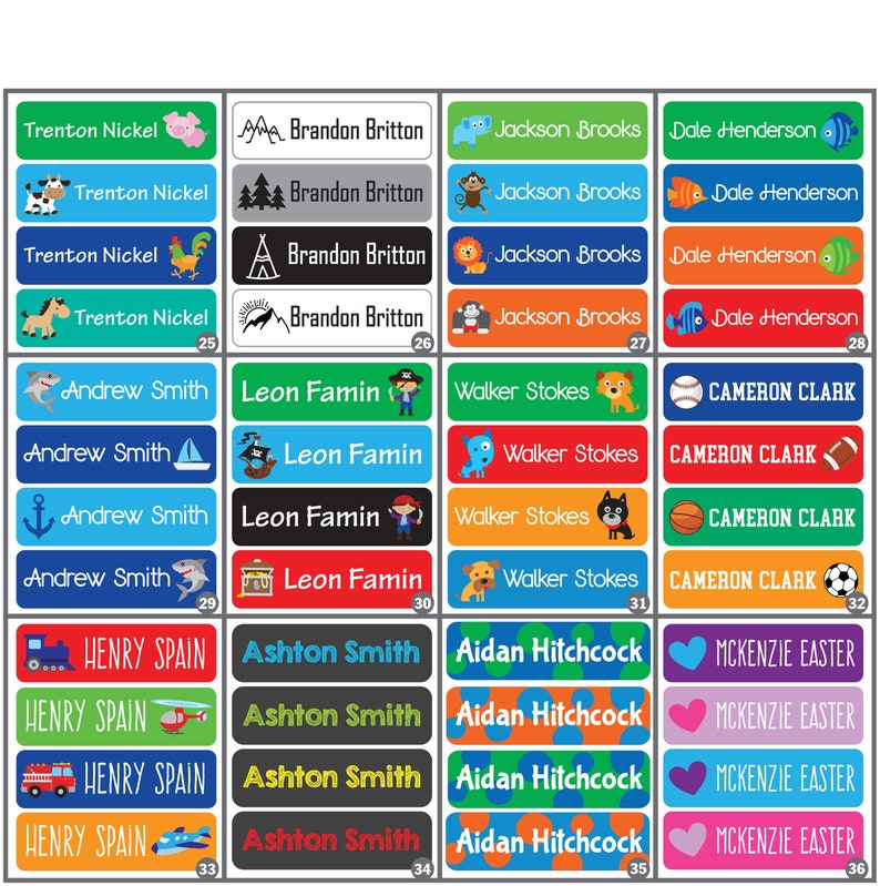 May include: A set of 36 colorful personalized name labels with various illustrations. The labels feature names like Trenton Nickel, Brandon Britton, Jackson Brooks, Dale Henderson, Andrew Smith, Leon Famin, Walker Stokes, Cameron Clark, Henry Spain, Ashton Smith, Aidan Hitchcock, and Mckenzie Easter.