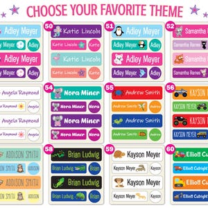 May include: A collection of rectangular adhesive name labels organized into twelve numbered groups, each featuring various colorful designs, icons, and personalized names such as Adley Meyer, Katie Lincoln, and others in diverse fonts.