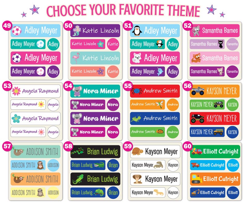 May include: A collection of rectangular adhesive name labels organized into twelve numbered groups, each featuring various colorful designs, icons, and personalized names such as Adley Meyer, Katie Lincoln, and others in diverse fonts.