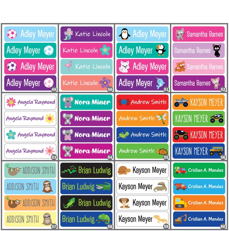 May include: A set of 40 colorful personalized name labels with various animal and vehicle illustrations. The labels feature names like Adley Meyer, Katie Lincoln, Kayson Meyer, and Cristian A. Mendez. The labels are perfect for school supplies, lunchboxes, and other personal items.