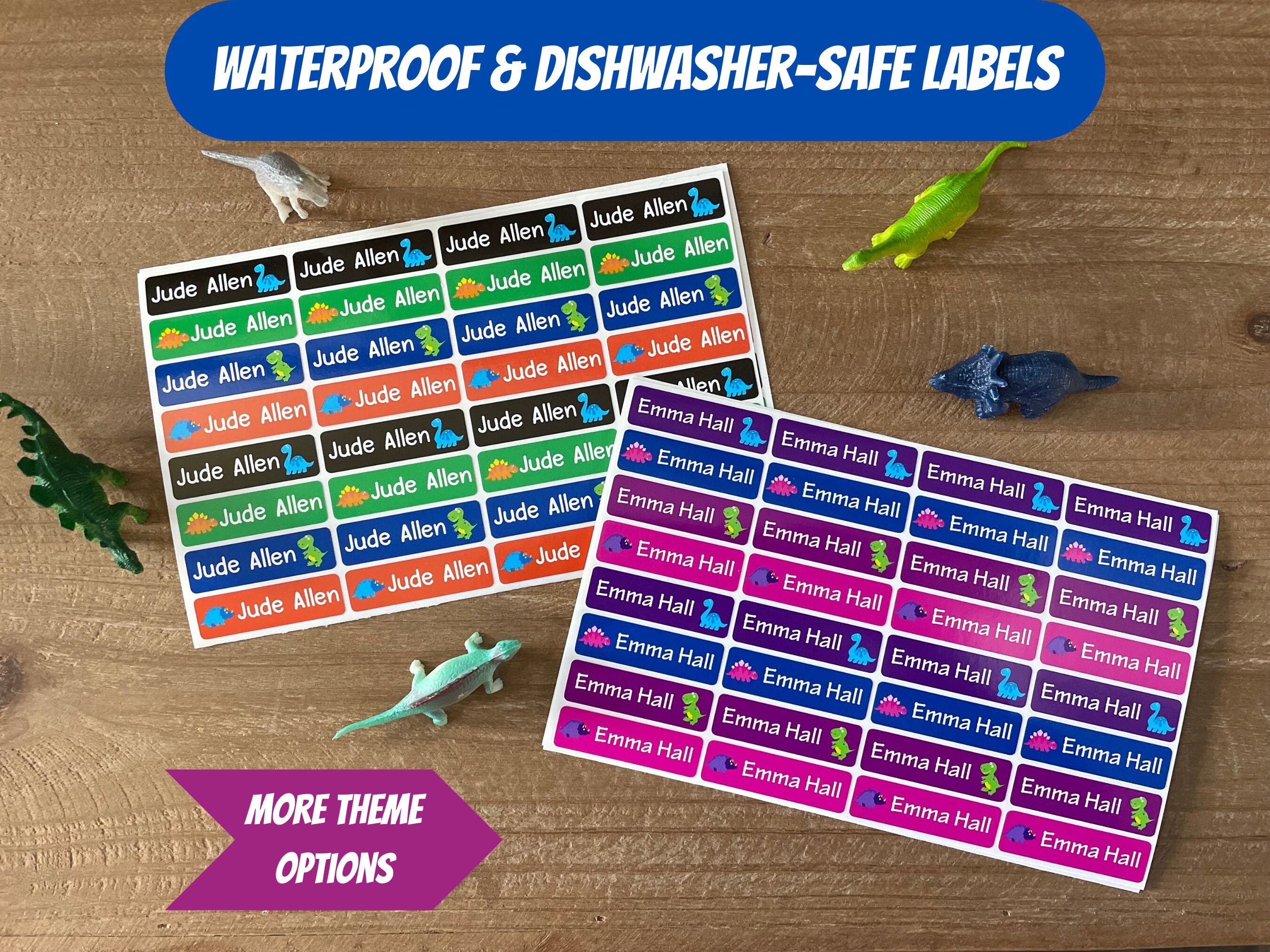 Etiquetas personalizadas para guarderías: pegatinas impermeables y aptas para lavavajillas. Ideales para guarderías, útiles escolares y botellas de agua. Elige tu tema.