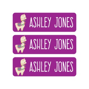 May include: Three purple rectangular labels with a white llama illustration and the text "ASHLEY JONES" in white.