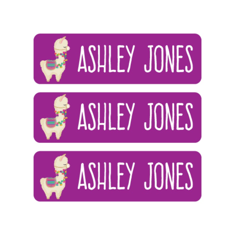 May include: Three purple rectangular labels with a white llama illustration and the text "ASHLEY JONES" in white.