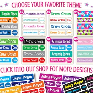 May include: A collection of rectangular adhesive name labels in various colors and patterns, featuring printed names like Charles Block, Amanda Jones, Drew Cross, Emily Thomas, Layne Meyer, and Adley Meyer, with the text CHOOSE YOUR FAVORITE THEME.