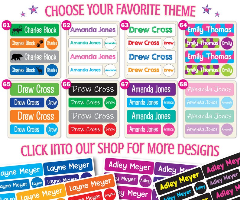 May include: A collection of rectangular adhesive name labels in various colors and patterns, featuring printed names like Charles Block, Amanda Jones, Drew Cross, Emily Thomas, Layne Meyer, and Adley Meyer, with the text CHOOSE YOUR FAVORITE THEME.