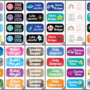 May include: A set of 48 colorful rectangular name labels with various designs and names printed on them. The labels are perfect for school supplies, lunchboxes, and other personal items.
