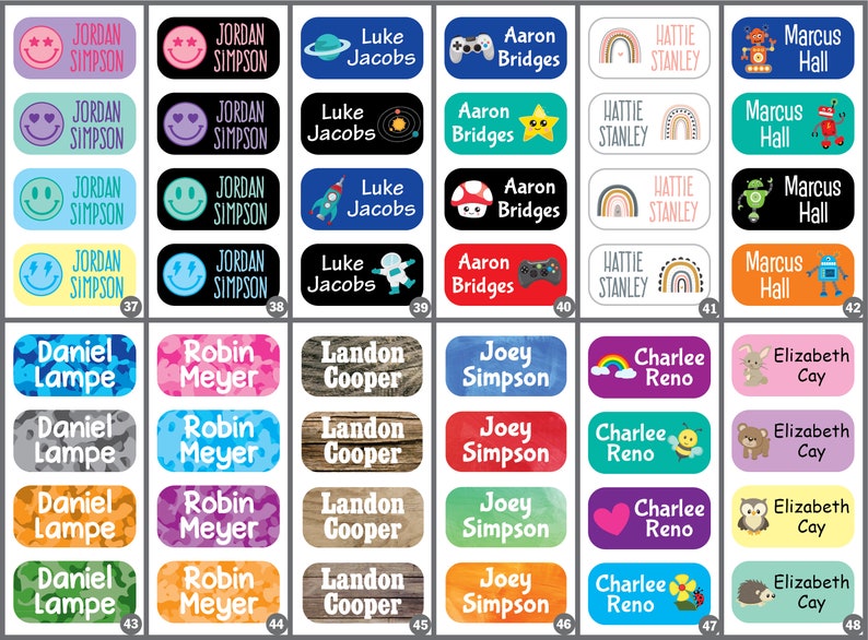 May include: A set of 48 colorful rectangular name labels with various designs and names printed on them. The labels are perfect for school supplies, lunchboxes, and other personal items.