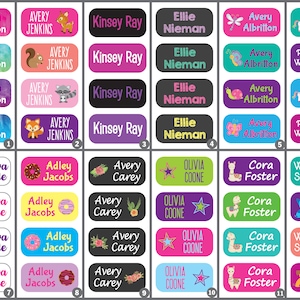May include: A set of 12 colorful rectangular name labels with various animal and design illustrations. The labels feature names such as Addison Richardson, Avery Jenkins, Kinsey Ray, Ellie Nieman, Avery Albritton, Paulina Wynhoff, Maura Bacile, Adley Jacobs, Avery Carey, Olivia Coone, Cora Foster, and Wendy Stokes.